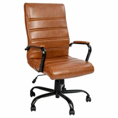 Fixed-arm office chair upholstered in brown faux leather. Back height is 23 inches and seat width is 19 inches. Suitable for daily desk work in office or home office environments.
