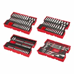 This SAE & Metric impact socket set includes sockets ranging from 5/32 in to 1-1/8 in and 5 mm to 24 mm with a 1/2 in drive. It features a friction retention ring for secure socket attachment. Suitable for fastening and loosening nuts and bolts in automotive, construction, and industrial applications using impact wrenches or ratchets.