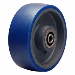 This HAMILTON caster wheel features an 8-inch diameter, 3-inch width, and a polyurethane tread bonded to a cast iron core. It is rated for 2,000 lb and has a blue Ergo-Glide tread shape. Suitable for industrial material handling carts and heavy equipment where floor protection and quiet rolling are required.