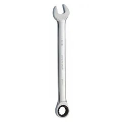 This SAE 12-point ratcheting combination wrench is constructed from alloy steel with a chrome finish. It features a 1-9/16 in head size and an overall length of 22-5/8 in. Designed for tightening or loosening fasteners in industrial maintenance, automotive repair, and mechanical assembly.