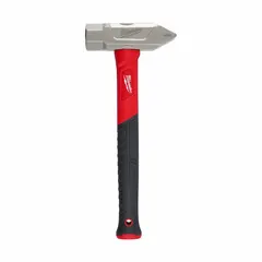 This cross-peen hammer features a 4 lb head with a 1 3/4 in face diameter and a 15 in overall length. The textured fiberglass grip provides secure handling. It is used for shaping metal, striking chisels, and general forging tasks in fabrication and maintenance.