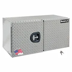 Double barn-door box with keyed lock for secure storage. Silver finish. 24-inch overall depth. Suitable for underbody mounting on trucks to organize tools and equipment.