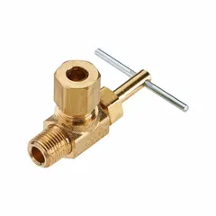 Brass angle-body needle valve from the NV Series with a screw-in bonnet and metal tee handle. Features a 1/4 in pipe size with female compression connection on side 1 and male IPS connection on side 2. Designed for water media and complies with ISO 14001 standards. Suitable for precise flow control in hydraulic, pneumatic, and process instrumentation systems.