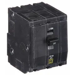 Three-pole plug-in miniature circuit breaker from the QO Series, rated 20 A at 120/240V AC with a maximum interrupting rating of 22kA at 120/240V AC. Designed for overcurrent protection in three-phase applications and compatible with QO Load Centers and NQ Panelboards.