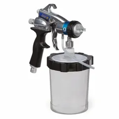 This GRACO HVLP spray gun features a stainless steel body and a 1 qt cup capacity. It includes a #3 Quick Release Fluid Set and has an NPSM air inlet. Suitable for applying coatings, enamels, paints, primers, and stains in industrial finishing tasks.