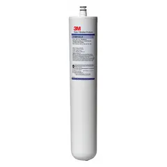 This quick-connect water filter uses activated carbon media to reduce chlorine odor. It is designed for use in drinking fountains and beverage machines. The filter has a flow rate of 1.7 gpm and a capacity of 14,000 gallons, with an overall height of 11 inches.