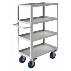 This utility cart is constructed for corrosion resistance, suitable for transporting heavy loads in industrial, warehouse, and manufacturing environments. It features a 30 in L x 18 in W shelf, overall dimensions of 36 in L x 18 in W x 53 in H, and a capacity of 1200 lb. The cart is equipped with (2) rigid casters with polyurethane wheels for smooth movement.