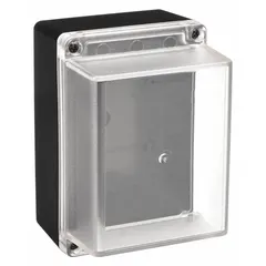 Polycarbonate enclosure in black with a clear cover, measuring 7 in x 5 in x 4 in. Rated NEMA 4 for protection against dust, rain, and hose-directed water. Suitable for housing electrical controls, instruments, and wiring in indoor or outdoor environments.