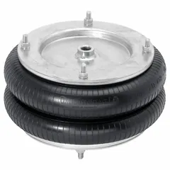 Adjustable air spring with double-convolution natural rubber bellows. Compressed height 100 mm, extended height 250 mm. Provides controlled lifting, damping, or actuation in industrial machinery and automation systems.