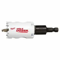 Bi-metal hole saw with attached arbor, 1-3/8 in diameter, 3/5 teeth per inch, and 1-5/8 in maximum cutting depth. Cuts wood, metal, and plastic for general construction, electrical, and plumbing applications.