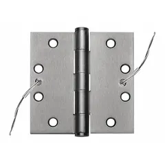 This stainless steel electrified butt hinge is designed for integrating power and data through the door frame in access-control systems. With a 4-1/2 in leaf height and 4-1/2 in leaf width, it is suitable for commercial and institutional doors requiring concealed wiring in high-traffic or corrosive environments.