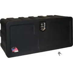 This single drop-down door box from BUYERS PRODUCTS is designed for underbody mounting on trucks. It features a black finish, an 18-inch overall depth, and a keyed lock for security. Suitable for storing tools and equipment in fleet and vehicle maintenance applications.
