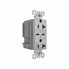 This weather-resistant duplex receptacle provides one 5-15R outlet rated 125V AC and 20A, along with two USB ports including one USB Type C for device charging. The gray finish and weather-resistant construction make it suitable for outdoor and indoor locations where protection from moisture is required, such as patios, kitchens, and commercial spaces.