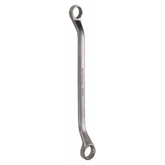This SAE double-end box end wrench features 12-point openings in 1 in and 15/16 in sizes with an offset design for improved access to recessed fasteners. Made of alloy steel with a satin finish, it has an overall length of 14 1/8 in. Commonly used in automotive repair, industrial maintenance, and mechanical assembly for tightening or loosening SAE nuts and bolts.