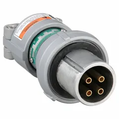 Gray watertight pin and sleeve plug rated 600V AC, three-phase, 30 A, with 4 poles and 3 wires. Suitable for industrial environments requiring moisture and dust protection, such as manufacturing plants and outdoor installations.