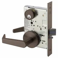 This storeroom lever lockset is designed for commercial applications where free egress is required but entry is restricted to authorized personnel. The ANSI F07 function allows the door to remain locked from the outside while permitting exit at any time. It features a bronze construction with a Dark Oxidized Satin Bronze, Oil Rubbed finish, an Augusta style lever, and is ADA compliant. The lockset accepts a Large Format Interchangeable Core (LFIC) cylinder