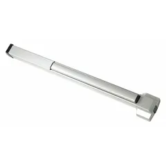 This rim-type exit device features a touchbar style and aluminum construction. It is designed for doors up to 4 ft wide and includes a night latch outside trim. The device is ADA compliant for accessibility in commercial egress applications.