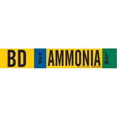 This pipe marker is designed for identifying ammonia piping in industrial refrigeration systems. It is suitable for BD (VAP, Low) lines per IIAR standards, fits 8 in and larger pipe outer diameter, and includes arrows to indicate flow direction. The marker is constructed with a fiberglass carrier mounted with strapping for secure attachment to pipes.