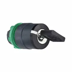 2-position key switch without contacts from the XB5 series. Maintained/maintained switch action with key removal in left position. Panel mounting size 22 mm. Used for access control and mode selection in industrial control panels.