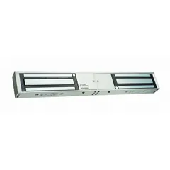 This double-door magnetic lock from the ALARM CONTROLS 1200 Series is constructed of aluminum and features an instantaneous release delay. It is used in access-control systems to secure paired doors in commercial and industrial facilities, providing quick egress for high-traffic areas.