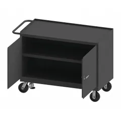 This mobile cabinet bench is constructed of steel with a gray finish and is fully assembled. It includes a handle on the side for repositioning and has an overall load capacity of 3,600 lb. Suitable for use in industrial workshops, warehouses, and maintenance facilities as a heavy-duty work surface with storage.