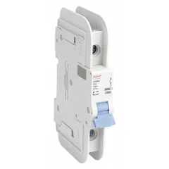 This 1-pole miniature circuit breaker is UL489 listed for DIN rail mounting. It features a C-curve trip characteristic for moderate inrush loads and a lug terminal connection. Rated 2A, 277V AC with a maximum interrupting rating of 10kA at 277V AC, and 48V DC. Suitable for overcurrent protection in branch circuits, lighting, and control panels.