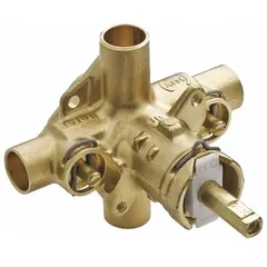 This MOEN control valve features a four-port configuration and is designed for use with compatible trim kits in bathtub and shower systems. It serves as the core component for regulating water flow and temperature. The valve is intended for installation behind the wall as part of a complete shower or tub/shower setup.