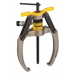 This 10-ton capacity ram puller set is designed for removing press-fit components such as bearings, gears, and pulleys. It includes a replacement point protector and is supplied without a pump. The set requires a separate hydraulic pump for operation.