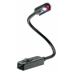 LED gooseneck task light with a 12-inch adjustable arm, delivering 398 lumens at 3800K color temperature. Operates on 12.8V DC with 5 W power consumption and wire leads for electrical connection. Suitable for focused illumination in industrial workstations, vehicle cabs, and equipment areas.