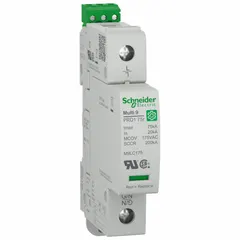 Single-phase surge protective device for DIN rail mounting. Provides L-N mode protection with a voltage protection rating of 600V (L-N) and a short circuit current rating of 200 kA. Operates on 120V AC with 2 wires. Suitable for use in distribution boards, control panels, and building power systems to protect against transient overvoltages.