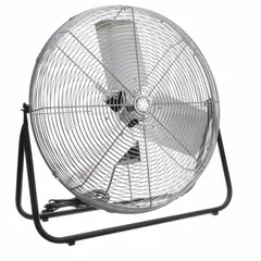This stationary industrial floor fan from TPI INDUSTRIAL features a 24-inch blade and operates on 120V AC power. Finished in gray, it is designed for fixed-position air circulation in workshops, warehouses, and manufacturing facilities.