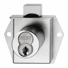 Vertical diamond deadbolt lock for cabinets and drawers. Body height 2 1/8 in, width 1 7/8 in. SFIC-compatible (core not included). Includes deadlocking latch. Suitable for securing storage units in commercial or institutional environments.