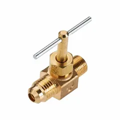 Brass straight-body inline needle valve from the NV Series with a screw-in bonnet and metal tee handle. Designed for water media, it features a 1/8 in pipe size and Flare x MIP connection (Flare side 1, Male IPS side 2). Manufactured to ISO 9001 standards, it is used for precise flow regulation and shut-off in water piping systems.