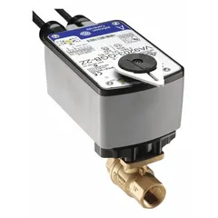 Fail-safe electric ball valve actuator for VG1000 series valves. Operates on 100 to 240V AC and is configured for normally open valve action. Used in HVAC and industrial fluid-control systems to automate valve operation.