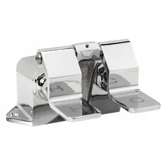 Brass foot pedal valve assembly with polished chrome finish. Features 1/2 in IPS connection and 6 3/16 in overall width. Enables hands-free operation of faucet systems in commercial and industrial settings.
