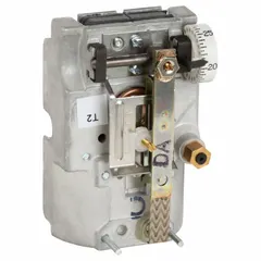Pneumatic thermostat for HVAC systems, direct-acting with a 55° to 85°F control range. Features 2 high-volume pipes for air flow output. Designed for vertical mounting without cover. Suitable for regulating temperature in commercial pneumatic control systems.