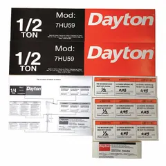 Replacement label kit for DAYTON jib cranes. Includes labels for identification and safety compliance on model 7HU59.