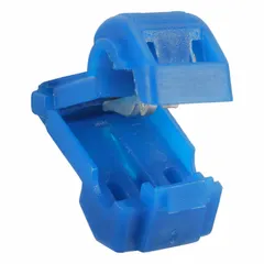 Blue insulation displacement connector for tapping into existing wire runs without stripping insulation. Accepts run wire sizes from 18 AWG to 14 AWG, rated for 600 V. Suitable for dry indoor applications such as control panels and lighting systems.