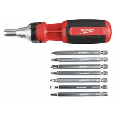 This combination multi-bit screw and nut driver includes nine tips: Hex, Phillips, and Torx in sizes #1, #1/4 in, #2, #3, and 3/16, plus a 1/4 in nut driver. It is used for driving and removing screws and nuts in assembly, maintenance, and repair tasks.