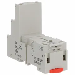 This DIN-rail mounted socket accepts 8-pin relays with a K socket configuration. It features a finger-safe design for operator protection and is used for mounting and wiring relays in industrial control panels, automation systems, and process control applications.