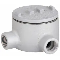 Aluminum L-shaped conduit outlet body with powder-coated finish. 2 in trade size, threaded female hubs for use with threaded IMC. Includes cover and grounding screw. 76 cu in body capacity. Rated for hazardous locations. Complies with CSA C22.2 No. 30. Used as a pull point or junction in conduit runs requiring a 90° elbow transition.