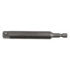 This impact socket adapter converts a 1/4" male hex drive input to a 3/8" square output drive. It features a locking mechanism to secure sockets and has an unfinished finish. Commonly used with impact wrenches and drivers in automotive repair and assembly applications.
