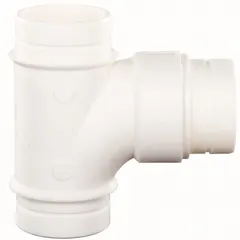 Schedule 40 polyvinylidene tee pipe fitting with 2 in x 2 in x 2 in pipe size, white color, and coupling style. Used in industrial piping systems to create a 90-degree branch connection. Suitable for applications requiring defined flammability performance.