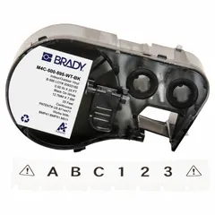This combined label and ribbon cartridge for the M511 printer series provides a 1/2 in x 25 ft continuous vinyl label roll with black-on-white printing. The all-in-one design simplifies label production by integrating ribbon and label material. Typical applications include industrial identification, cable marking, and asset tagging.