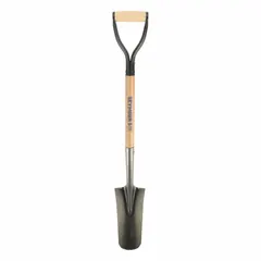 This drain spade features a 14-gauge steel blade and a 30-inch natural wood handle with a D-grip. Designed for digging and trenching in soil and roots, it is suited for drainage, irrigation, and utility work.
