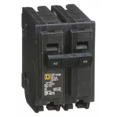 Single-phase, 2-pole miniature circuit breaker rated 40 A at 120/240V AC with a maximum interrupting rating of 10kA. Designed for plug-in installation in Homeline load centers to provide overcurrent protection for branch circuits.