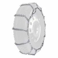 Ladder-style tire chain for heavy-duty trucks, buses, RVs, and trailers. Constructed from nickel manganese alloy. Compatible with 285/70-24.5 tires. Provides traction on snow and ice