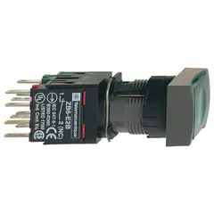 Momentary-action illuminated push button from the XB6 series. Features a flush profile, non-metallic push button, quick-connect terminals, and a 1NO contact configuration with a 16 mm mounting hole. Suitable for panel-mount installation in industrial control panels and machinery for momentary control and status indication.
