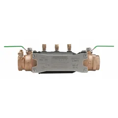 Double check backflow preventer with 1 1/4 in FNPT x FNPT connections, bronze body, and ball valve shut-offs. Overall length 14.88 in. Used in commercial and industrial water systems to prevent backflow of non-hazardous contaminants into potable supply, such as on fire sprinkler lines, irrigation systems, and process water lines.