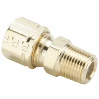 Brass compression fitting with self-aligning design, connecting 1/8 in OD tubing to a 1/8 in male NPT port. Used in industrial fluid systems for secure, leak-resistant tube-to-pipe connections